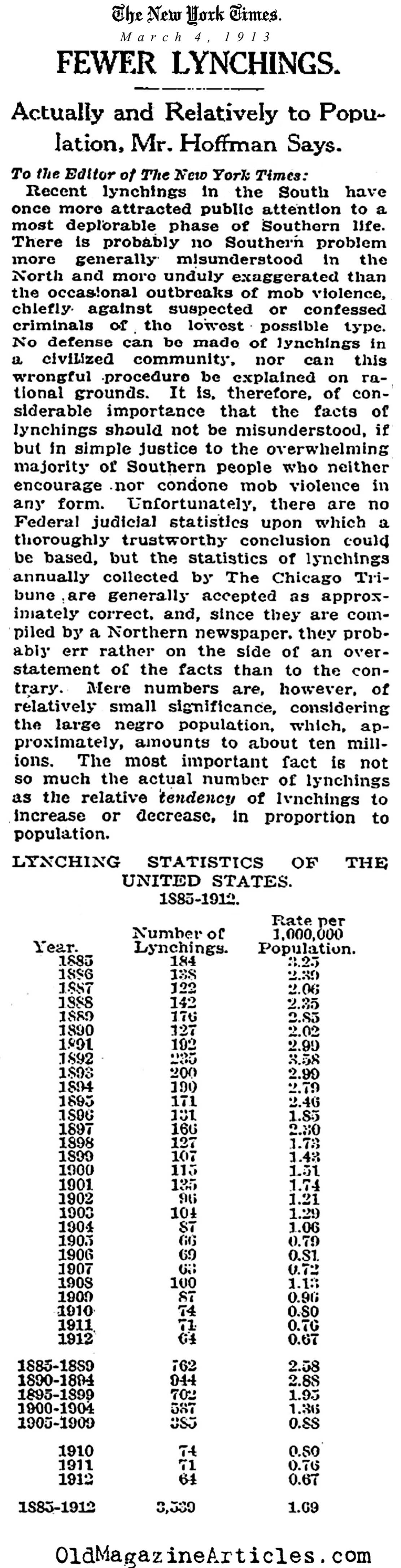 The Lynching Records: 1885 - 1912 (NY Times, 1913)
